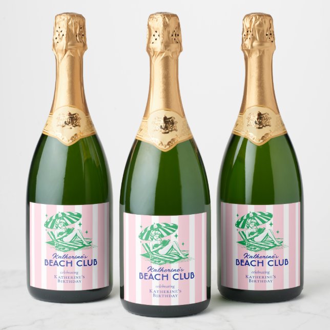 Beach Club Pink Stripes Retro Girl Birthday  Sparkling Wine Label (Bottles)