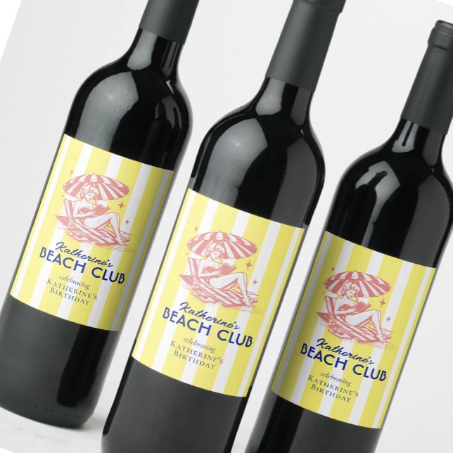 Beach Club Yellow Stripes Birthday Party  Wine Label (Creator Uploaded)