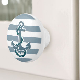 Beach Coastal Blue Stripes Ship Anchor Nautical Ceramic Knob