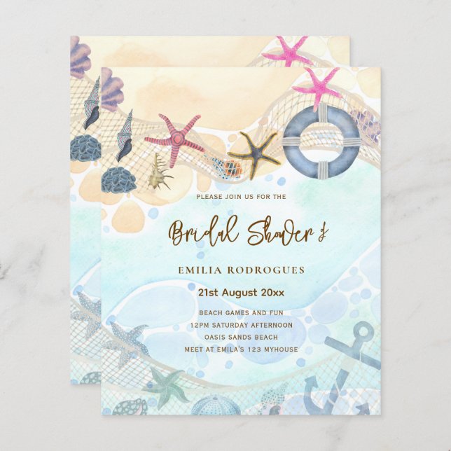 Beach Coastal Bridal Shower Invite Sand Ocean Life (Front/Back)