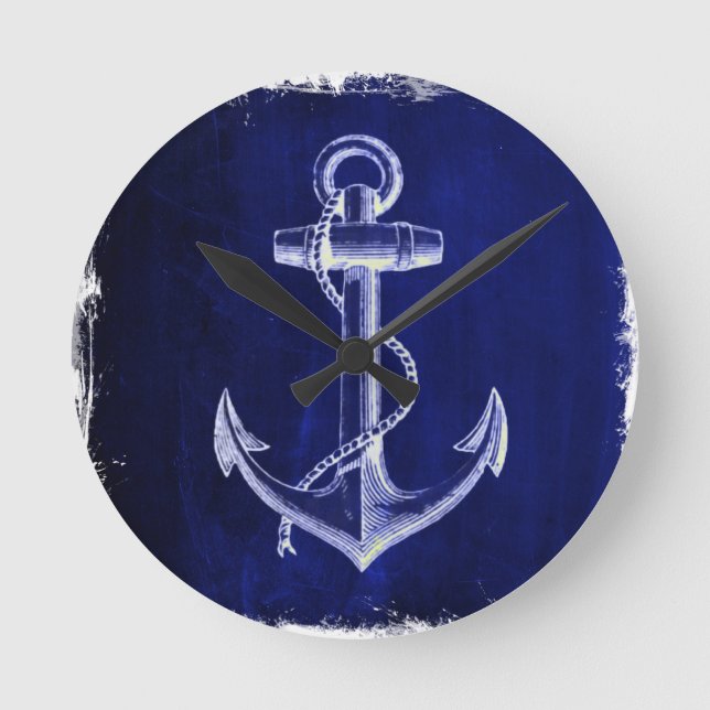 beach coastal chic nautical navy blue anchor round clock (Front)