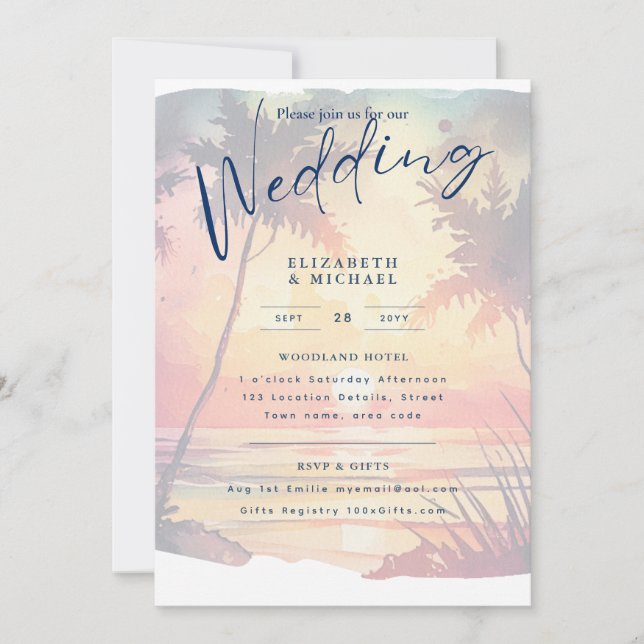  Beach Coastal Destination Sunset Tropical Wedding Invitation (Front)