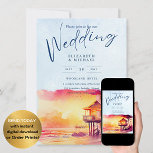  Beach Coastal Destination Sunset Tropical Wedding Invitation