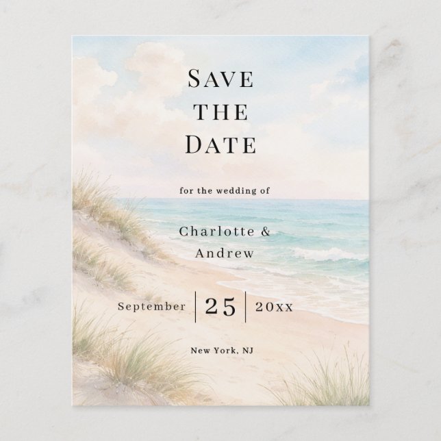 Beach coastal modern wedding budget Save the Date Flyer (Front)
