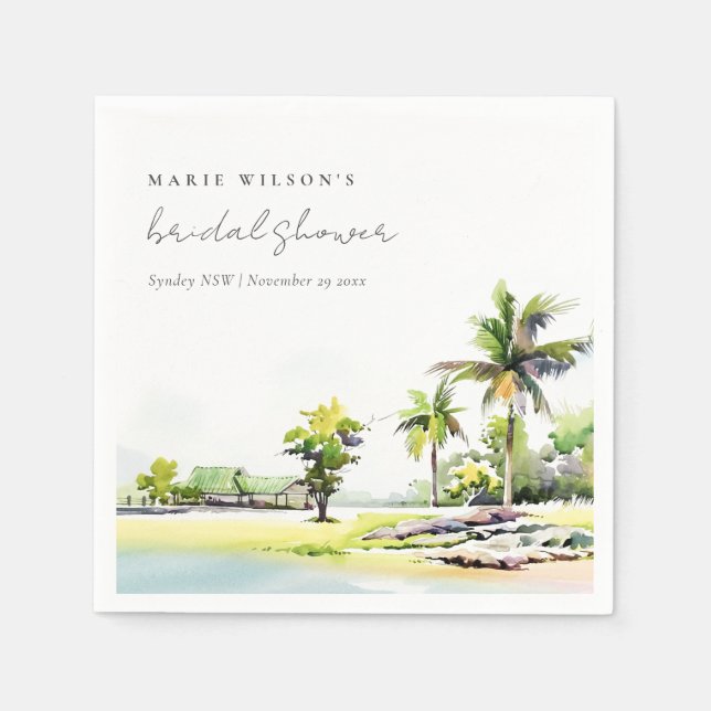 Beach Coastal Palm Trees Watercolor Bridal Shower Napkin (Front)