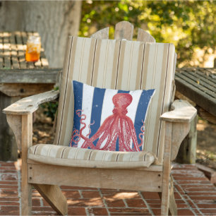 Beach Coastal Red Octopus Modern Striped Vintage Cushion
