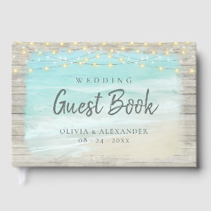 Beach Coastal Rustic Wood String Lights Wedding  Guest Book