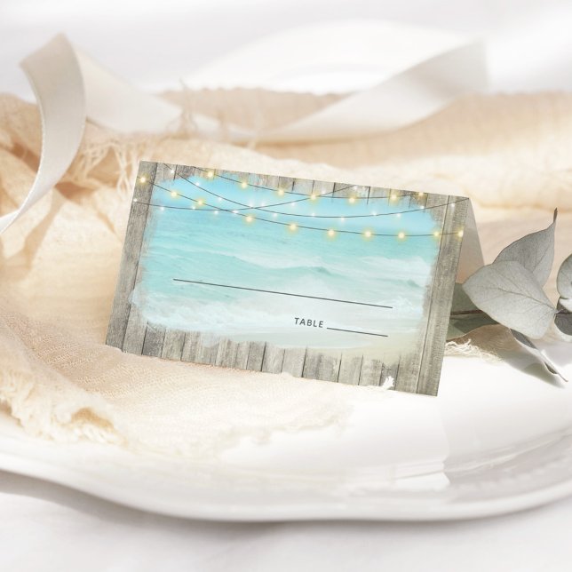 Beach Coastal Rustic Wood String Lights Wedding Place Card (Creator Uploaded)