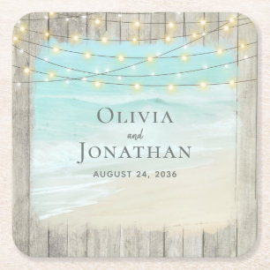 Beach Coastal Rustic Wood String Lights Wedding Square Paper Coaster