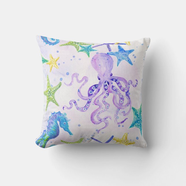 Beach Coastal Seashore Octopus Seahorse Starfish Cushion (Front)