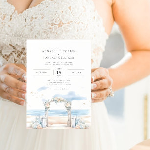 Beach Coastal Watercolor Destination Wedding Photo Invitation