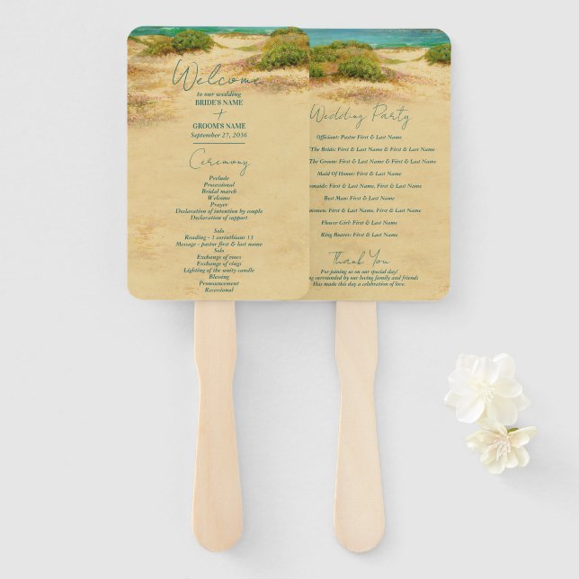 Beach Coastal Wedding Destination Program Hand Fan (Front and Back)