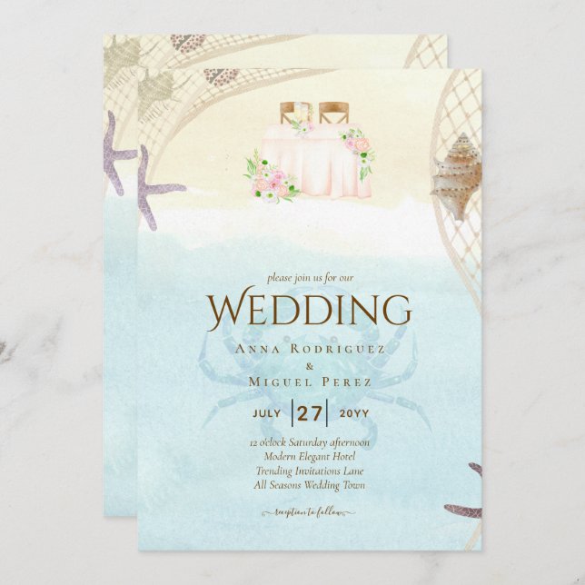 Beach Coastal Wedding Invitation Sand Ocean Life (Front/Back)