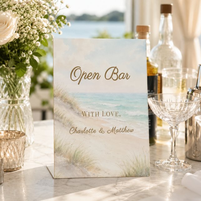 Beach coastal wedding Open Bar Pedestal Sign (Creator Uploaded)