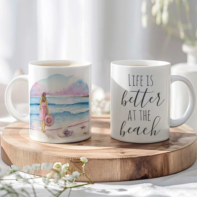 Beach Coffee Mug - Valentines Day Gift for Her (beach coffee mugs coastal watercolor art in shades of pink and blue life is better at the beach)