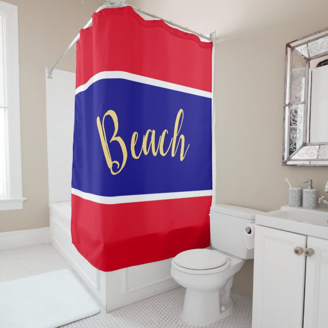 BEACH Colourful Royal Blue Bright Red White Stripe Shower Curtain (In Situ)