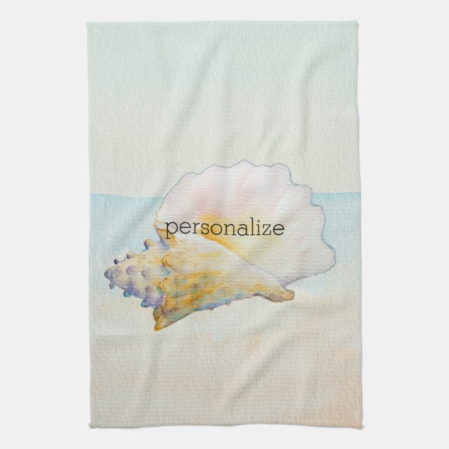 Beach Conch Shell Blue Ocean Watercolor Tea Towel (Vertical)