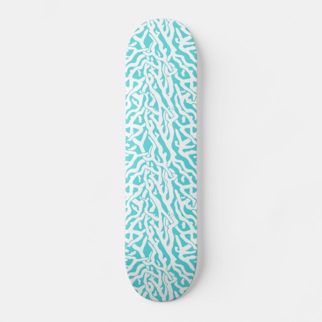 Beach Coral Reef Pattern Nautical White Aqua Blue Skateboard (Front)