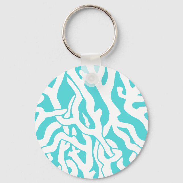 Beach Coral Reef Pattern Nautical White Blue Key Ring (Front)