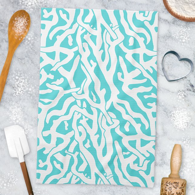 Beach Coral Reef Pattern Nautical White Blue Tea Towel (Creator Uploaded)