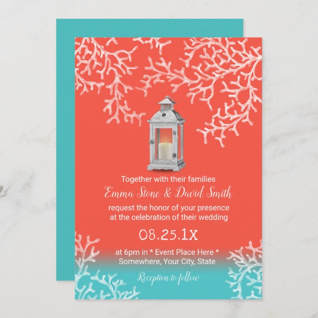 Beach Coral Reef & Rustic Lantern Wedding Invitation (Front/Back)
