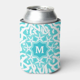 Beach Coral Reef Starfish Aqua Blue Monogram Can Cooler