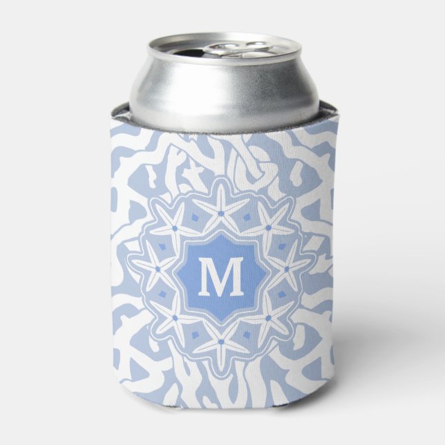 Beach Coral Reef Starfish Monogram | Grey Blue Can Cooler (Can Front)