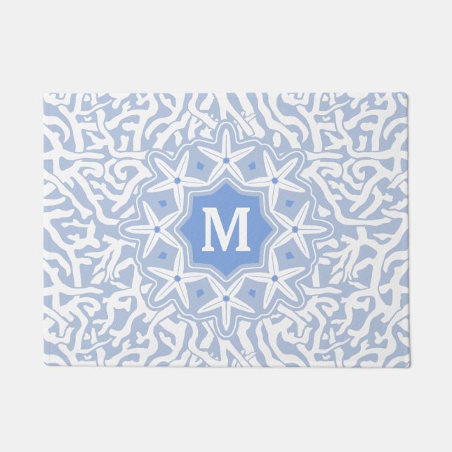 Beach Coral Reef Starfish Monogram in Grey Blue Doormat (Front)