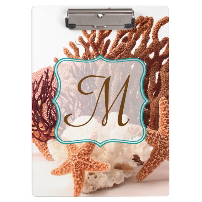 Beach Coral Star Fish Monogram Initial Clip Board (Front)
