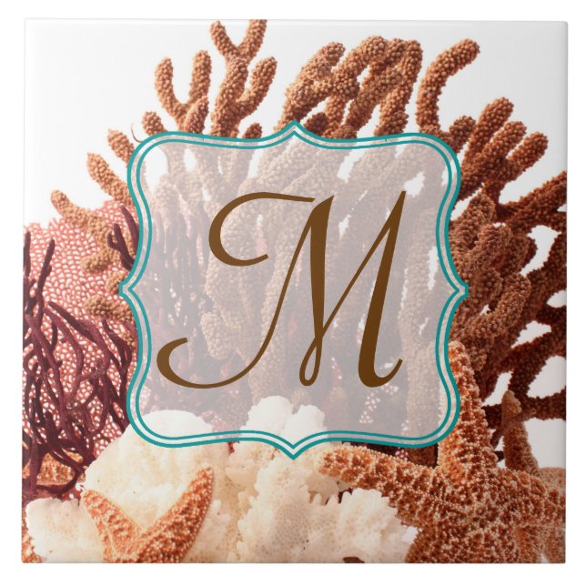 Beach Coral Star Fish Sand Monogram Display Tile (Front)