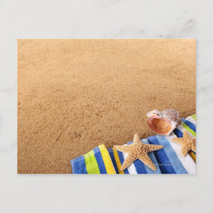 Beach corner border with towel, starfish and postcard