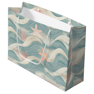 Beach Cottage Blue Waves Sand Starfish Pattern Large Gift Bag