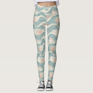 Beach Cottage Blue Waves Sand Starfish Pattern Leggings