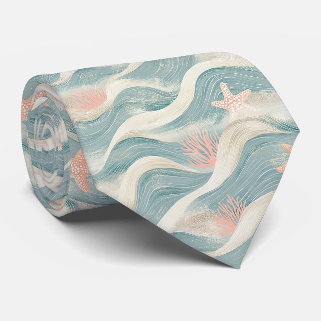 Beach Cottage Blue Waves Sand Starfish Pattern Tie (Rolled)