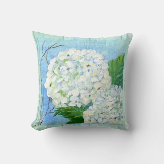 Beach Cottage White Hydrangea Floral Painterly Cushion (Front)