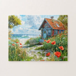 Beach Cottage with Dunes and Poppies Jigsaw Puzzle