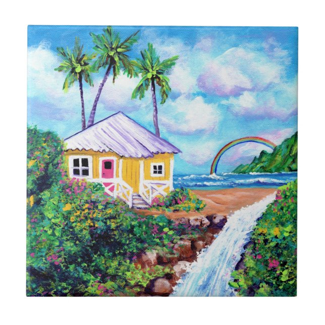 Beach Cottage with Waterfall  Ceramic Tile (Front)