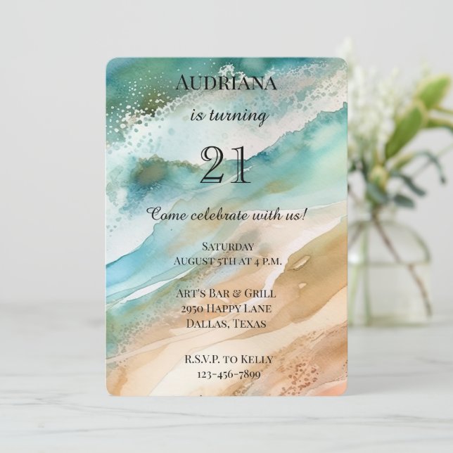 Beach Cream Aqua Ocean Birthday Invitation (Standing Front)