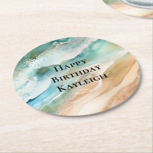 Beach Cream Aqua Ocean Birthday Round Paper Coaster