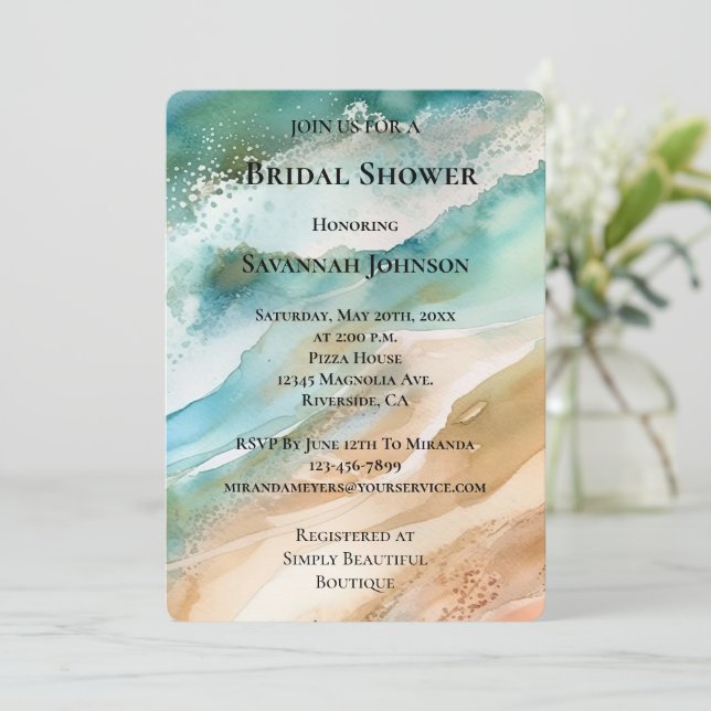 Beach Cream Aqua Ocean Bridal Shower Invitation (Standing Front)