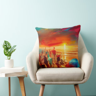 Beach crowd gold red blue teal abstract modern cushion