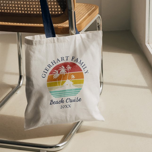Beach Cruise Family Vacation Matching Tote Bag (Retro Family Reunion Beach Cruise Nautical Palm Trees Matching Custom Tote Bag)