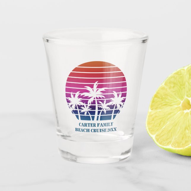 Beach Cruise Pink Palm Tree Custom Family Vacation Shot Glass (Front)