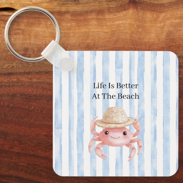 Beach Cute Pink Smiling Crab with Hat Key Ring (Front)