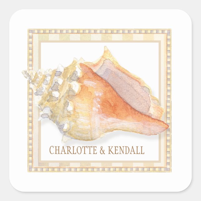 Beach Damask Conch Shell Wedding Envelope Seals (Front)