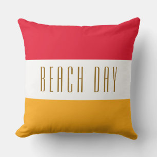 BEACH DAY Bright Red Yellow Orange White Stripes  Cushion