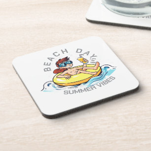 Beach Day Cartoon Character on Inflatable Ring Coaster