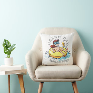 Beach Day Cartoon Character on Inflatable Ring Cushion