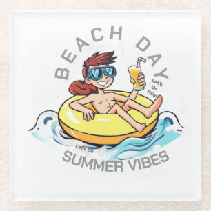 Beach Day Cartoon Character on Inflatable Ring Glass Coaster