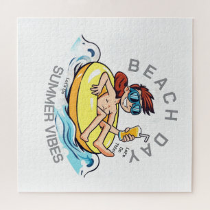 Beach Day Cartoon Character on Inflatable Ring Jigsaw Puzzle